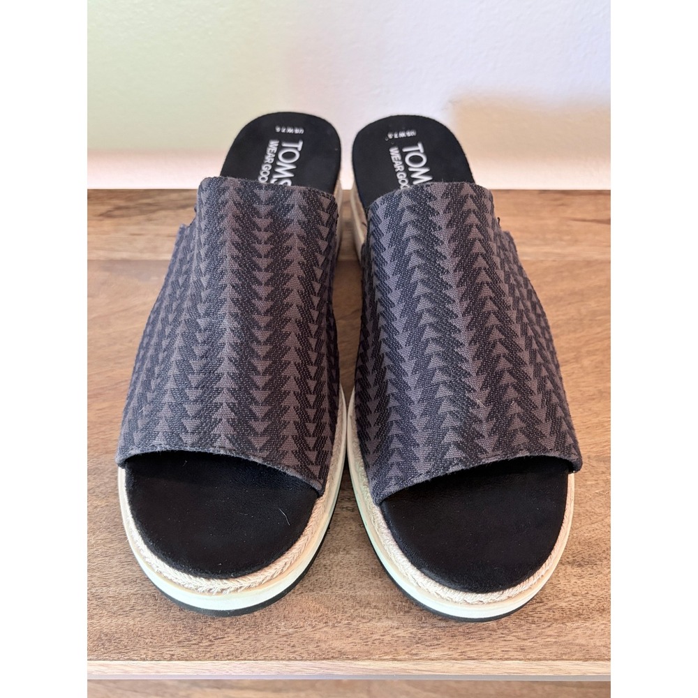 Toms Womens Platform Slide Sandals Black Chevron Espadrille Mules 7.5 Resortwear